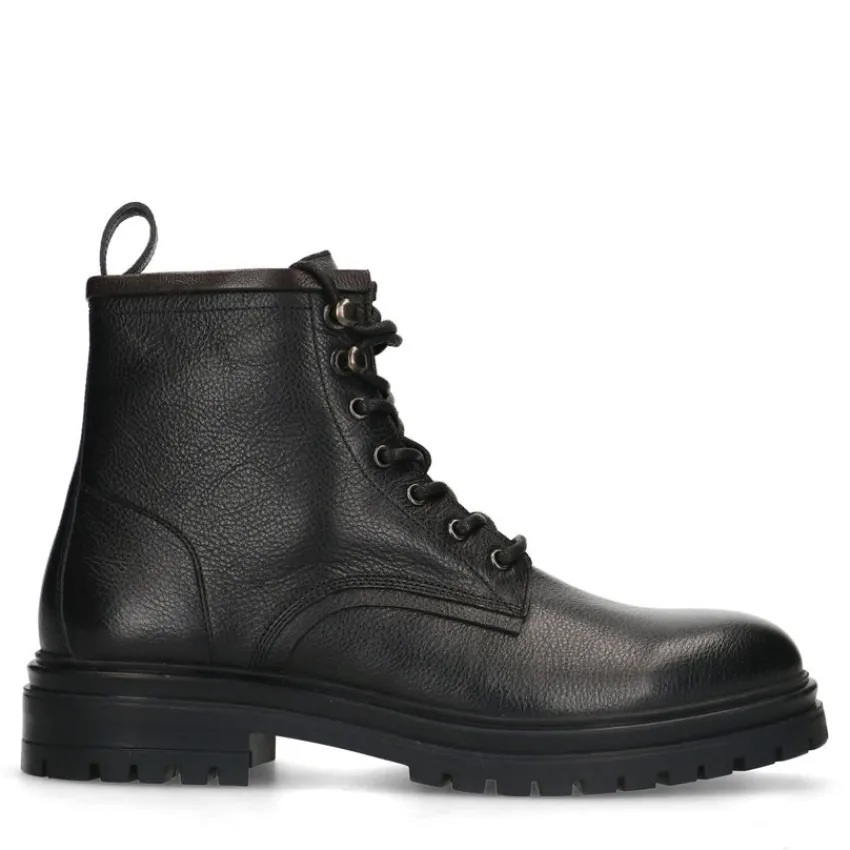 Manfield Zwarte leren veterboots^Heren Boots