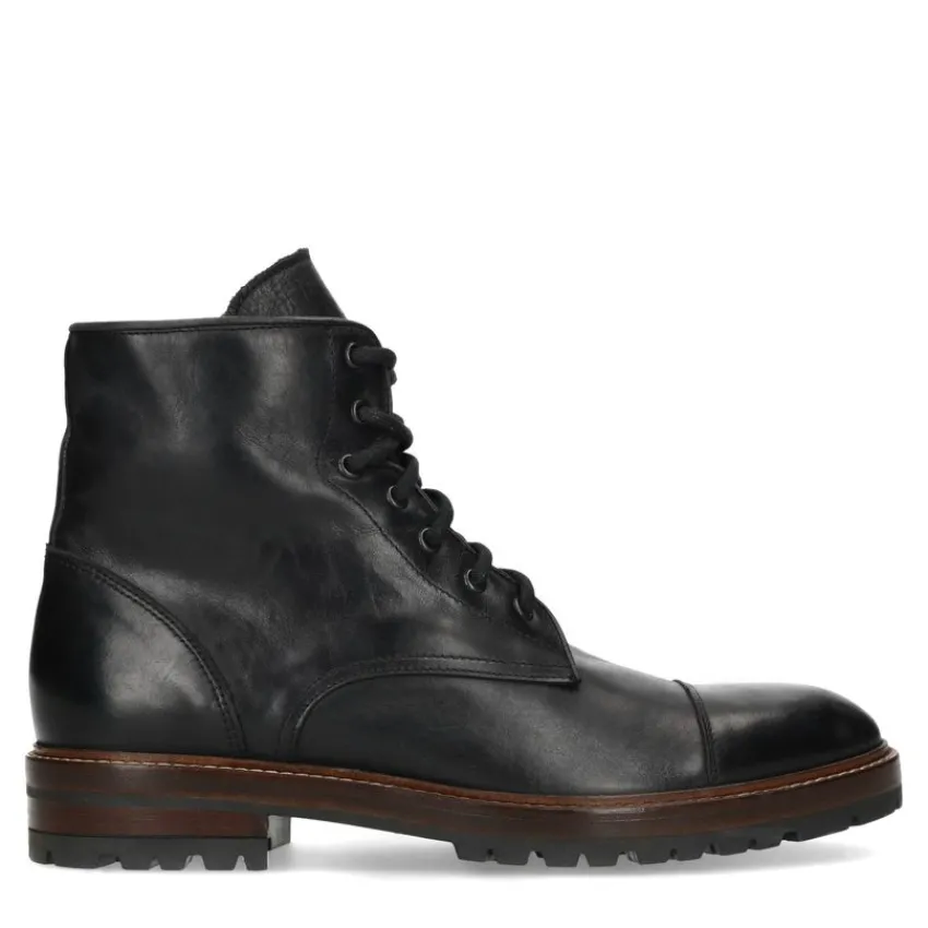 Manfield Zwarte leren veterboots^Heren Boots