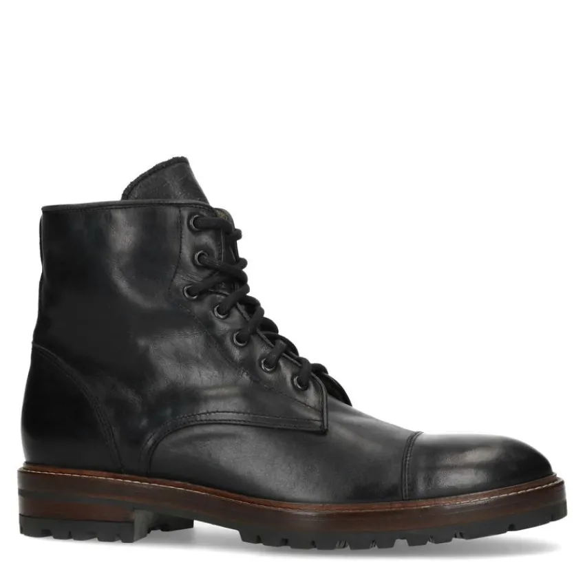 Manfield Zwarte leren veterboots^Heren Boots