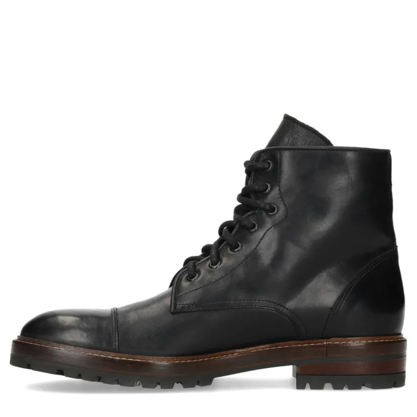 Manfield Zwarte leren veterboots^Heren Boots