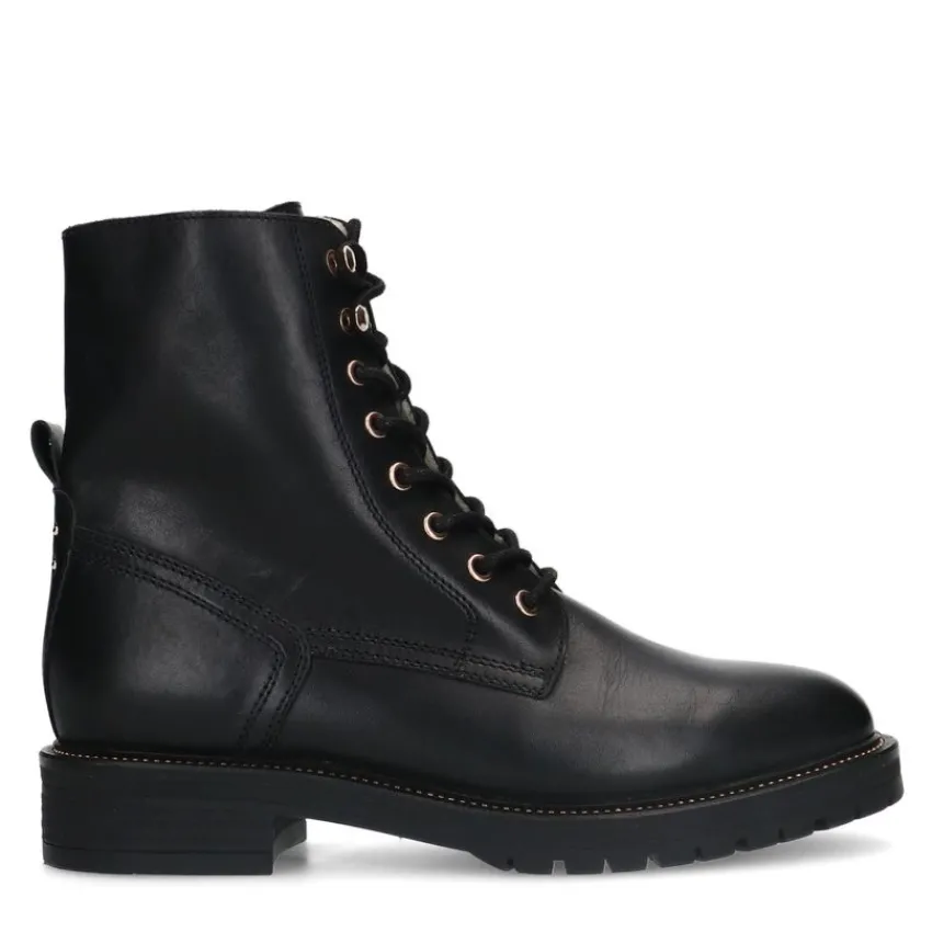Manfield Zwarte leren veterlaarsjes^DAMES Enkellaarsjes