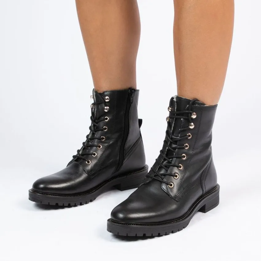 Manfield Zwarte leren veterlaarsjes^DAMES Enkellaarsjes