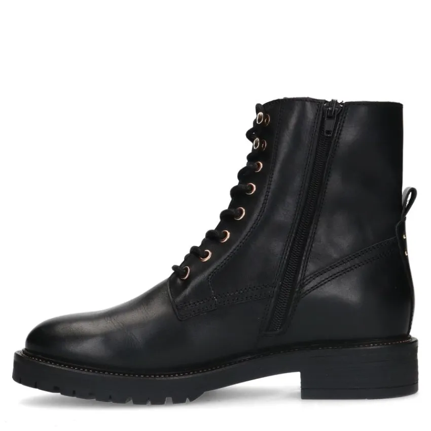 Manfield Zwarte leren veterlaarsjes^DAMES Enkellaarsjes