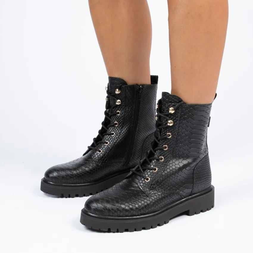 Manfield Zwarte leren veterlaarsjes^DAMES Enkellaarsjes