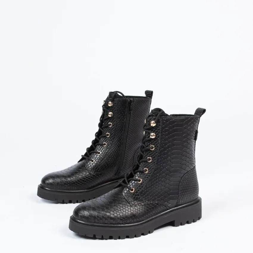 Manfield Zwarte leren veterlaarsjes^DAMES Enkellaarsjes