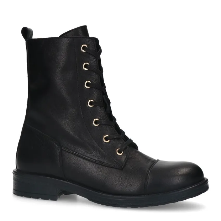 Manfield Zwarte leren veterlaarsjes^DAMES Enkellaarsjes