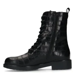 No Stress Zwarte leren veterlaarsjes met crocoprint^DAMES Enkellaarsjes