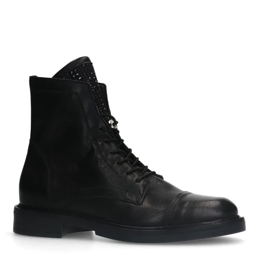 Manfield Zwarte leren veterlaarsjes^DAMES Enkellaarsjes