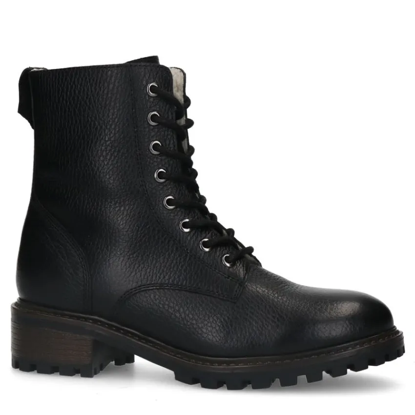 Manfield Zwarte leren veterlaarsjes^DAMES Enkellaarsjes