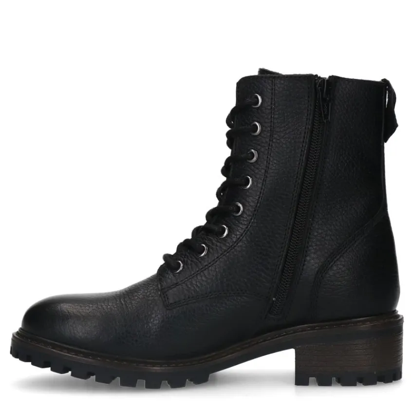 Manfield Zwarte leren veterlaarsjes^DAMES Enkellaarsjes