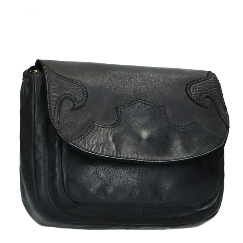 Manfield Zwarte leren western schoudertas^ Schoudertassen