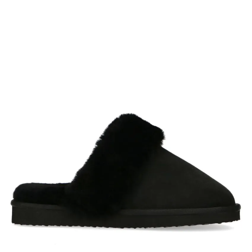 Zwarte pantoffels met wollen voering^DAMES Pantoffels