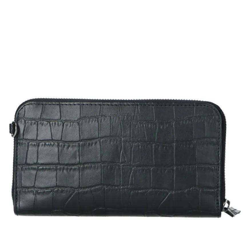 Manfield Zwarte portemonnee met crocoprint^ Portemonnees