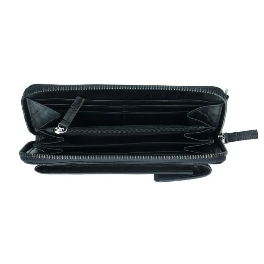 Manfield Zwarte portemonnee met crocoprint^ Portemonnees