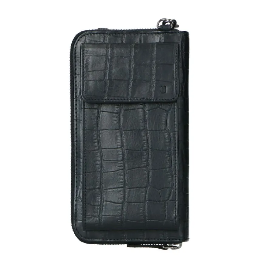 Manfield Zwarte portemonnee met crocoprint^ Portemonnees