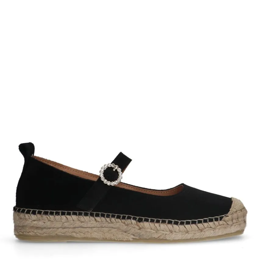 Manfield Zwarte suède espadrilles met bandje^DAMES Espadrilles|Loafers