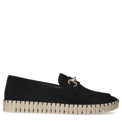Manfield Zwarte suède loafer met goudkleurig detail^DAMES Loafers