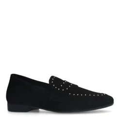 Manfield Zwarte suède loafers met goudkleurige studs^DAMES Loafers