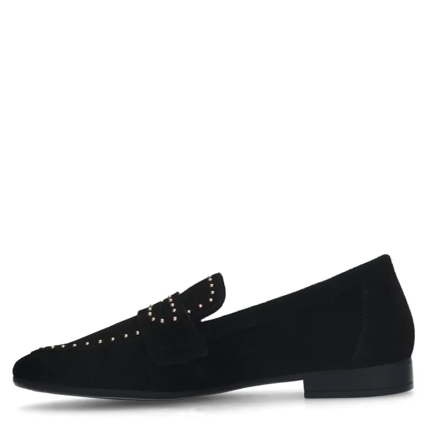 Manfield Zwarte suède loafers met goudkleurige studs^DAMES Loafers