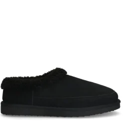 Manfield Zwarte suède pantoffels met imitatie wol^Heren Pantoffels