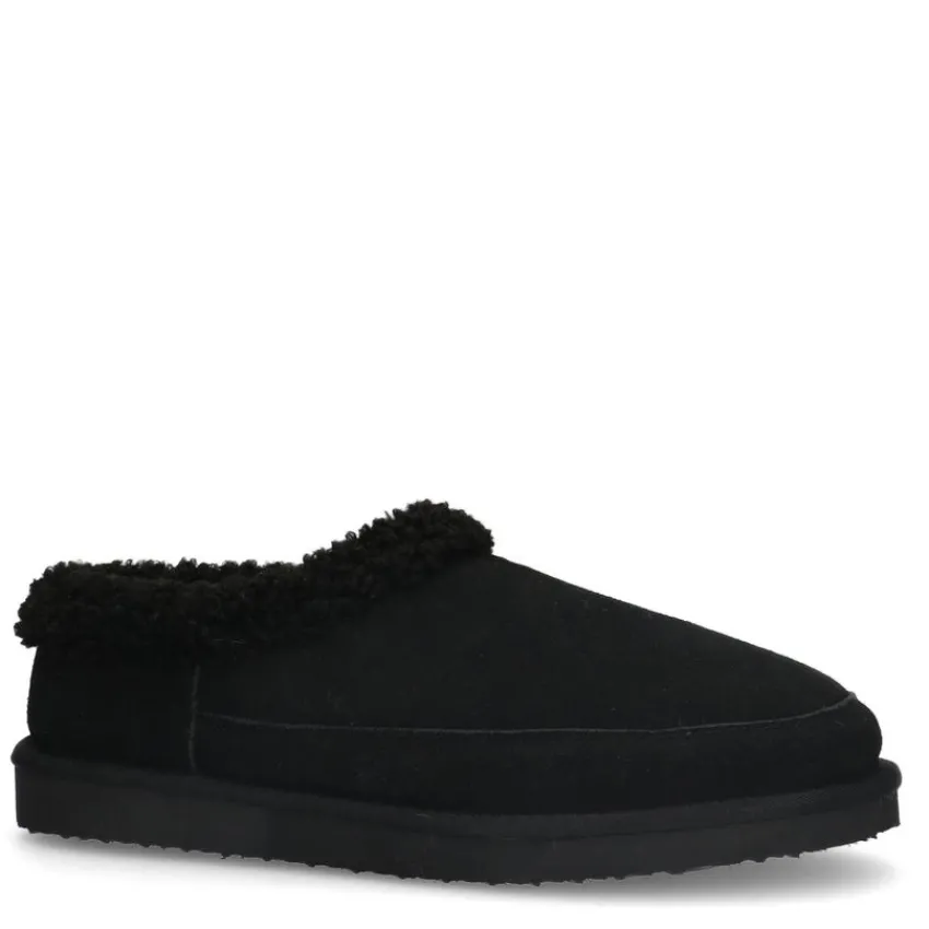 Manfield Zwarte suède pantoffels met imitatie wol^Heren Pantoffels