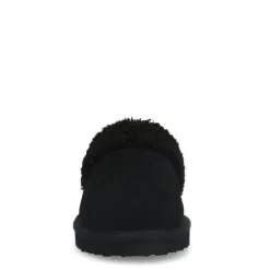 Manfield Zwarte suède pantoffels met imiatatiewol^DAMES Pantoffels