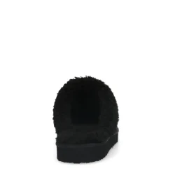 Manfield Zwarte suède pantoffels met imiatatiewol^DAMES Pantoffels