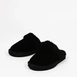 Manfield Zwarte suède pantoffels met imiatatiewol^DAMES Pantoffels